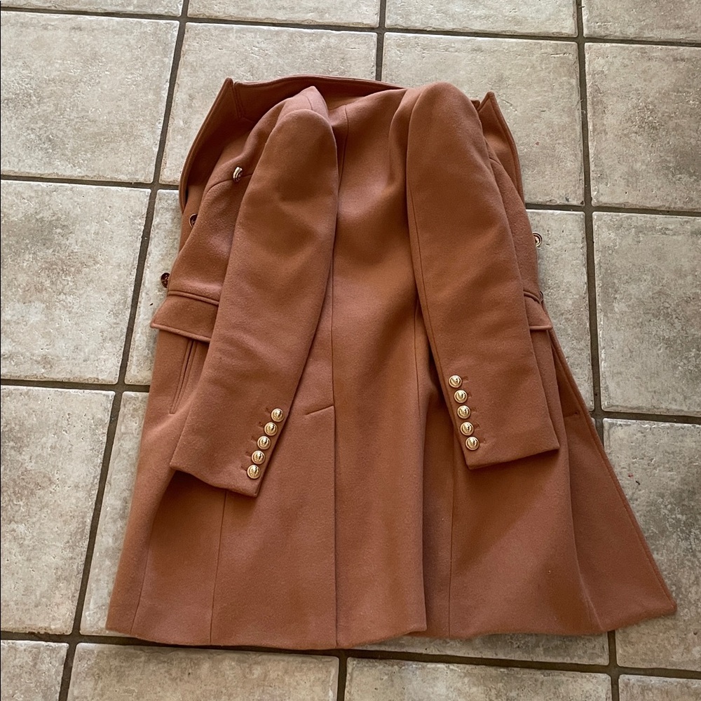 Wool Blend Camel Double-Breasted Pea Coat - Picture 13 of 16